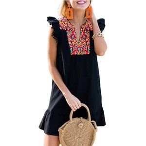 Black Floral Embroidered Pompom Ruffle Dress NWT